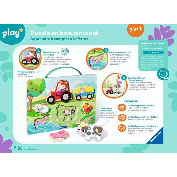 Ravensburger - Puzzle en bois aimanté: Apprendre à compter à la ferme