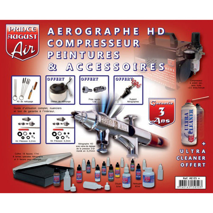 Coffret Aérographe HD, Compresseur, Peintures et Accessoires Prince August AE05 +